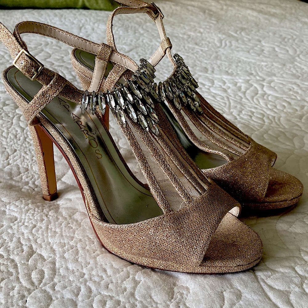 Gold glitter and crystal embellished formal heels
